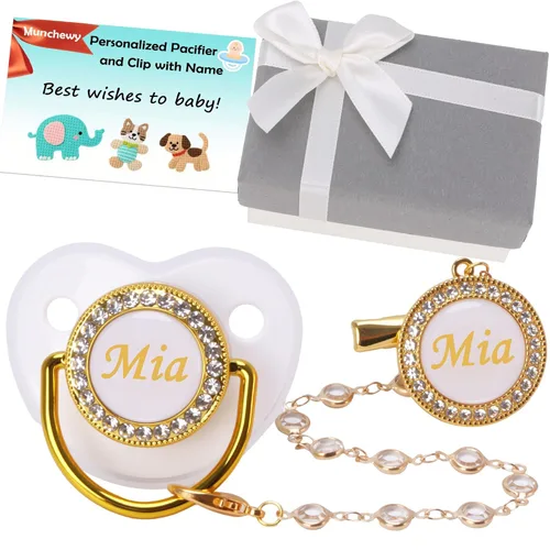 Miniatura 10 de Chupete personalizado con nombre, juego de clip para chupete dorado brillante con caja de regalo, tarjeta de felicitación, lujoso chupete de cristal