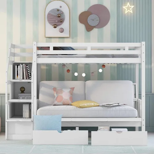 Miniatura 14 de Harper & Bright Designs Literas de tamaño individual sobre matrimonial, litera con escaleras y nido, literas de madera con estante de almacenamiento
