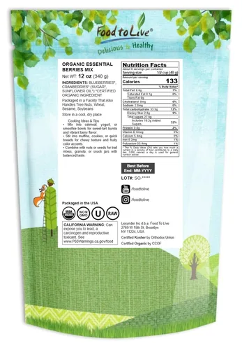 Miniatura 2 de Food to Live Mezcla de bayas esenciales orgánicas, 12 onzas, arándanos y arándanos secos sin transgénicos. Sin sulfuro, Kosher. Suavemente