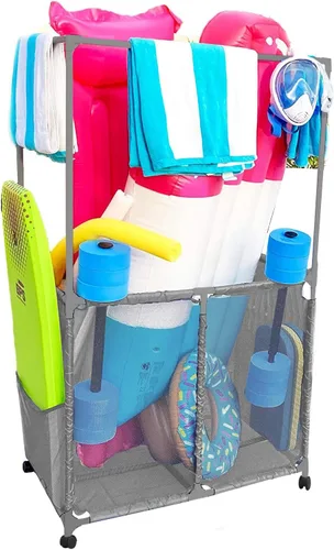 Miniatura 10 de Soporte para equipo de piscina con barras de secado de toallas, organizador de almacenamiento multiusos con ruedas de malla, colgador de toallas