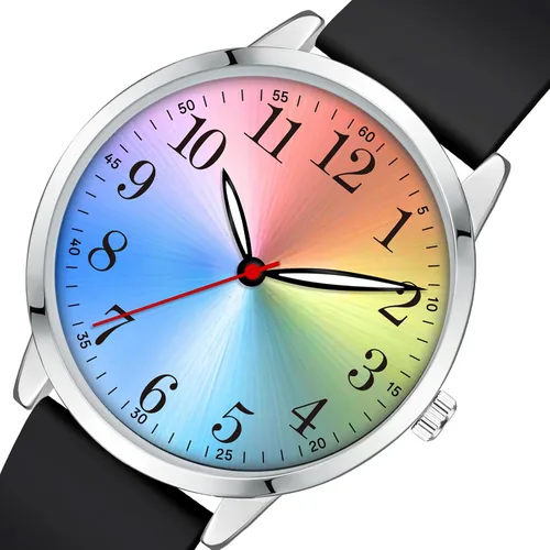 Miniatura 2 de Letoff Reloj analógico clásico, esfera arcoíris con números arábigos, banda de silicona, resistente al agua hasta 98.4 ft