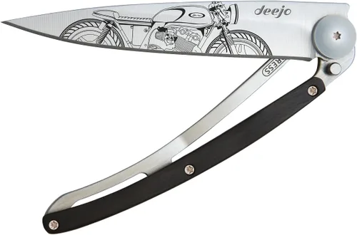 deejo - Cuchillo de bolsillo plegable 37G con clip para cinturón - Diseño Café Racer, hoja de acero inoxidable de 3.7 pulgadas, mango de madera de