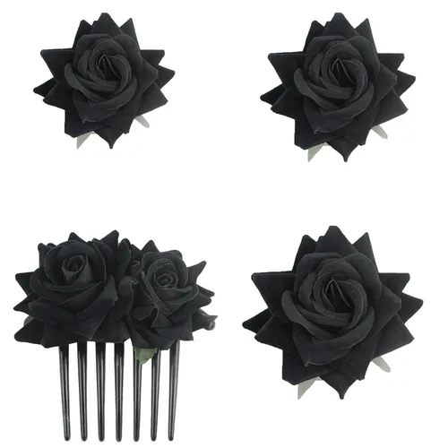 4 horquillas rosas para mujer, broche de rosa nupcial, pinzas florales para boda, para mujer, niña, fiesta, boda (negro)