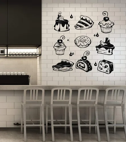 Vinilo adhesivo para pared, diseño de pastel dulce, magdalena, pastel, postre, panadería, decoración grande (g2018), color negro