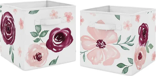 Miniatura 7 de Sweet Jojo Designs Juego de 2 cubos de almacenamiento plegables de tela de acuarela rosa y gris, organizador de juguetes para niños y bebés