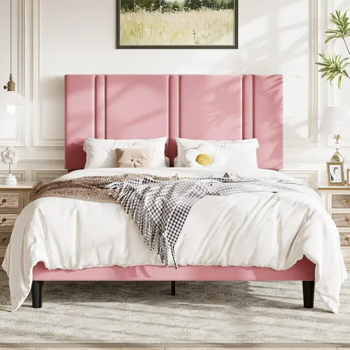 Miniatura 10 de Allewie Marco de cama de plataforma de tamaño matrimonial con cabecera ajustable, tapizado de terciopelo de felpa, canal vertical acolchonado, Negro