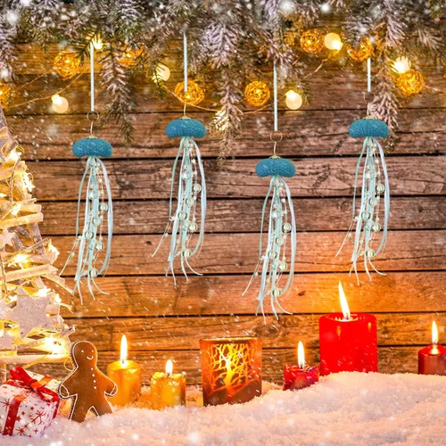 Miniatura 5 de Namalu 6 piezas de adorno de Navidad de erizo de mar y medusa con cuentas costeras, decoración festiva de playa con temática de océano, adorno Azul