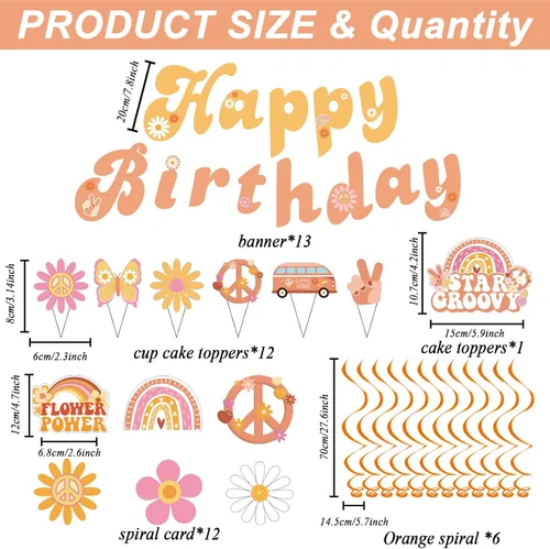 Miniatura 4 de Juego de vajilla de 149 piezas para decoración de fiesta de cumpleaños, incluye vajilla de papel desechable hippie de los años 60 para 24 invitados