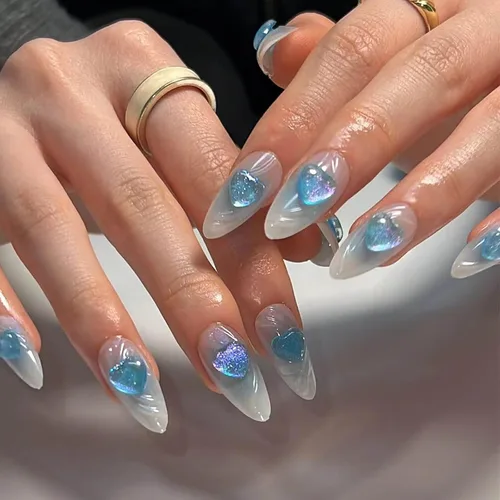 Miniatura 8 de RTKHFZE Uñas postizas a presión con forma de ataúd de almendra, uñas postizas medianas a presión para primavera y verano, con diseños de flores