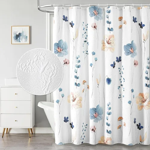 Cortina de ducha de acuarela floral QiyI, cortina de baño de mariposas en relieve 3D azul beige, cortina de baño de tela blanca minimalista, juego