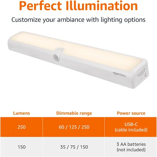 Miniatura 3 de Amazon Basics Barra de luz LED USB/funciona con pilas, sensor de movimiento giratorio, luces adhesivas, 250 lúmenes, 12 pulgadas, iluminación debajo