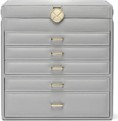 Vlando Joyero grande, organizador de joyas con 5 cajones, cajas de joyería de cuero sintético para mujeres, anillos, pulseras, aretes, collares,