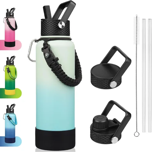Miniatura 26 de BJPKPK - Botella de agua con tapa de popote, botellas de agua aisladas de 18 onzas con 3 tapas, asa de cuerda de paracaídas y base antideslizante