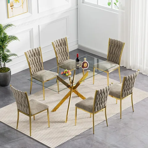 Miniatura 28 de Juego de mesa de comedor de cristal para cocina de 4, 5 piezas, mesa de comedor rectangular de 51 pulgadas con 4 sillas de cocina de terciopelo