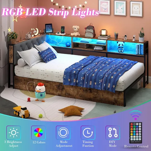 Miniatura 4 de Doltoro Marco de Cama de Esquina Individual con Estantería de Almacenamiento y Luces LED, Cama Diván Tamaño Individual con 2 Cajones de Gris