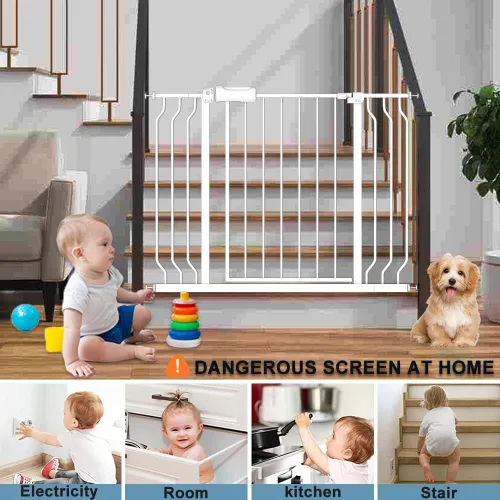 Miniatura 8 de Puertas de bebé extra anchas de 71.5 a 76.3 pulgadas, color blanco, montadas a presión, puertas de seguridad para interiores, puerta infantil