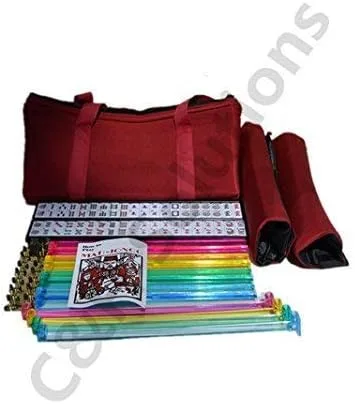 C&H Solutions - Juego de 4 empujadores de color y 4 bastidores de colores + juego de mah jong americano, bolsa roja burdeos, 166 azulejos (Mah Jong