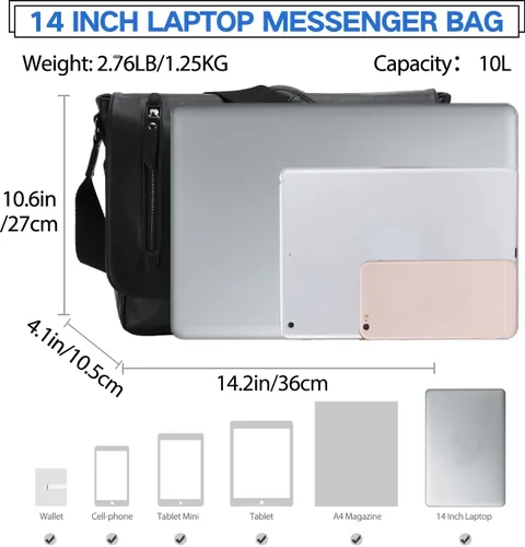 Miniatura 3 de VX VONXURY Bolsa de mensajero para hombre, piel sintética de 14 pulgadas, maletín para laptop para trabajo y escuela, café, Piel sintética negra