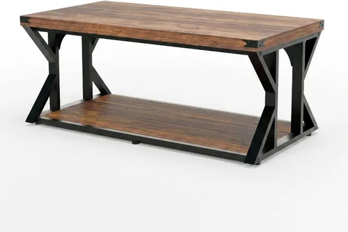 Miniatura 5 de Mesa auxiliar industrial de 43 pulgadas, mesa central rectangular de 2 niveles con estante de almacenamiento, mesa de cóctel de madera y metal