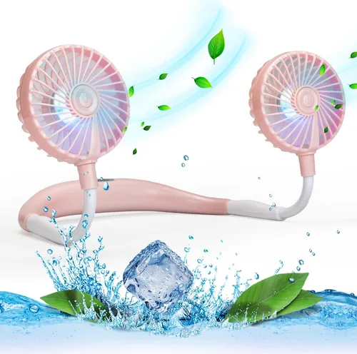 VAGAU Ventilador de cuello portátil con luces LED de colores, rotación 360, aire acondicionado portátil para oficina, viajes, deportes, 3 Rosa