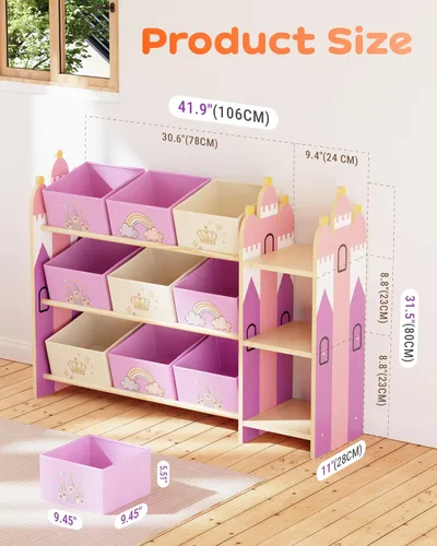 Miniatura 2 de Organizador de almacenamiento de juguetes con 3 estantes y 9 contenedores, estantería de castillo rosa y estantería para niños, estante de juguetes