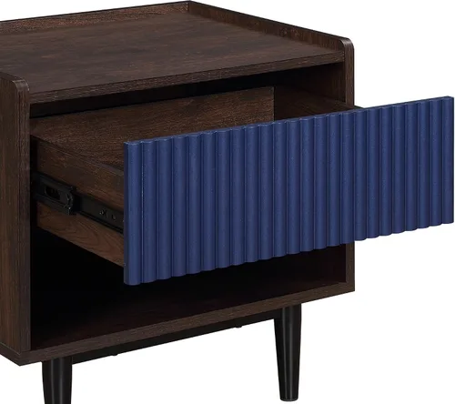 Miniatura 8 de Manhattan Comfort Duane Mesita de noche acanalada con cajón de extensión completa y estante abierto, patas de acero, mesita de noche, mesa de acento