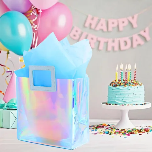 Miniatura 2 de Bolsa de regalo pequeña holográfica de 8.3'' con papel de seda, bolsa de regalo reutilizable para cumpleaños para niñas y mujeres, bolsa iridescente