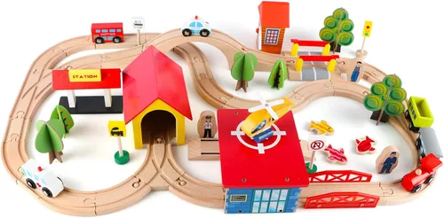 Miniatura 9 de Qilay Juego de trenes de madera de 69 piezas, pistas y trenes de madera de primera calidad para niños pequeños de 3, 4 y 5 años, juguetes de tren