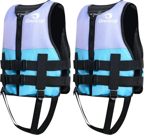 Miniatura 10 de Owntop Chaquetas de natación para niños y adultos de 50 a 125 libras de hebillas dobles, cremallera y correa de entrepierna, chaleco de esquí ligero