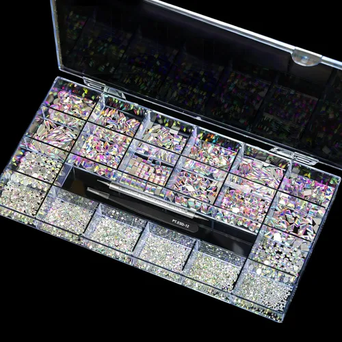Miniatura 8 de Yzzseven 12 tipos de 600 diamantes AB de cristal + 2500 diamantes de imitación planos mezclados 20 estilos de parte trasera plana DIY manualidades