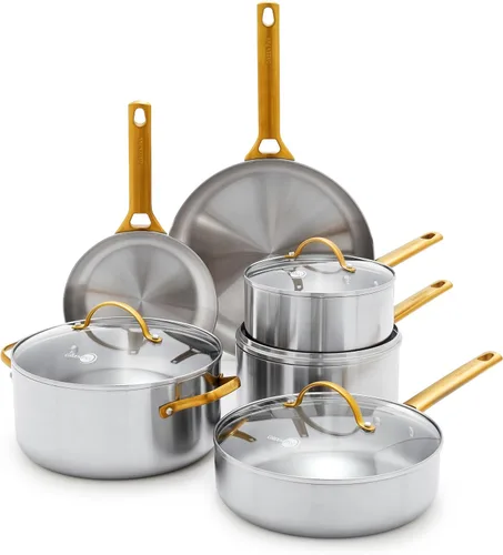 GreenPan Juego de ollas y sartenes de acero inoxidable de tres capas Reserve de 10 piezas, multiclad, inducción, horno y asador, apto para horno y