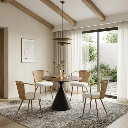 Miniatura 10 de Sillas de comedor de ratán, sillas de comedor tapizadas de tela Boucle con reposabrazos y respaldo de caña de polietileno, sillas de comedor