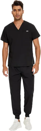 Miniatura 8 de VIAOLI Conjunto de ropa quirúrgica para hombre con cuello en V y pantalón deportivo, 8 bolsillos con botones de carga, conjuntos de liquidación