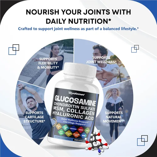 Miniatura 3 de Glucosamina Condroitina Sulfato Metilsulfonilmetano Ácido Hialurónico Cúrcuma Jengibre Vitamina C, D3, Pimienta Negra -150 Cápsulas