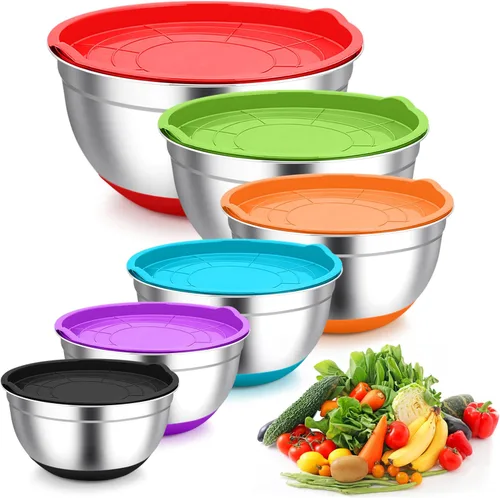 Miniatura 8 de TeamFar Tazones para mezclar, cuencos negros con tapas, tazón de ensalada anidable de acero inoxidable con tapa hermética y parte inferior