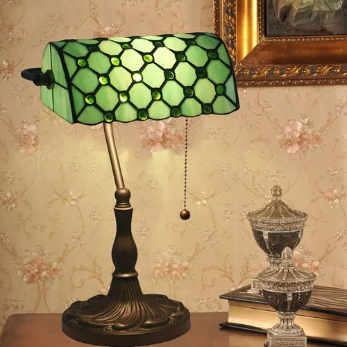 Green Bankers - Lámpara de mesa vintage, luz de escritorio retro, lámpara de escritorio de oficina de vidrieras Tiffany, lámpara de cuentas de