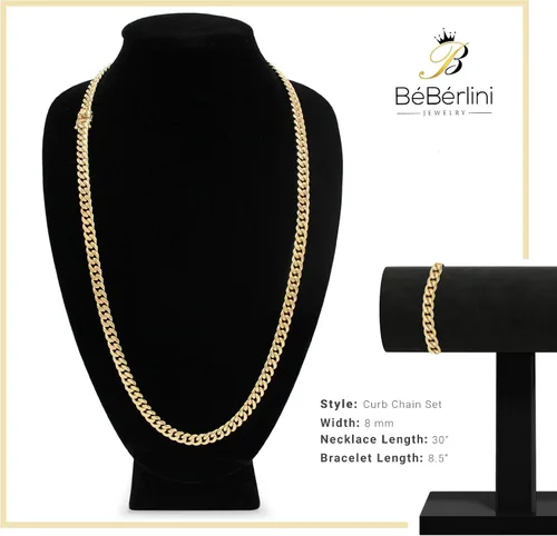 Miniatura 6 de BEBERLINI Cuban Link Chain 14K Gold Plated Curb Customizable Necklace 30 Bracelet 85 9 Stainless Steel Fashion Jewelry Set For Men 6 mm - 14 mm