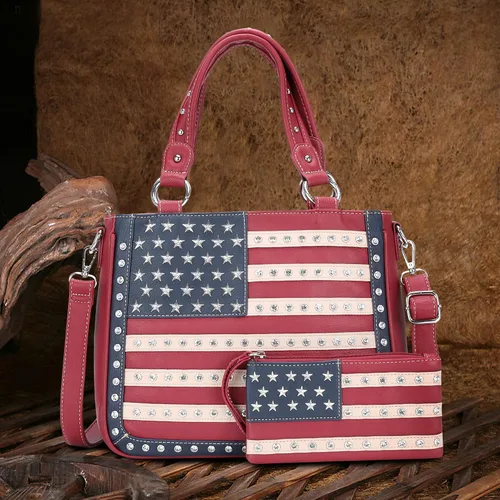Miniatura 3 de Montana West Bolso patriótico con tachuelas para mujer, bolso de mano con bandera estadounidense y bolso cruzado