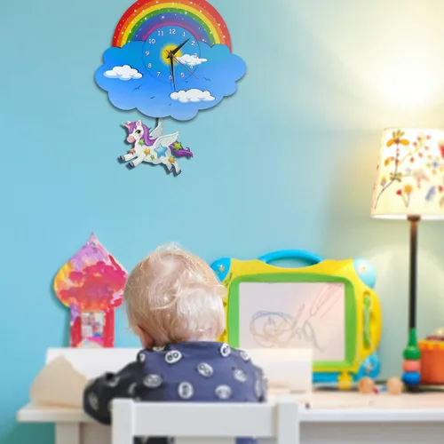 Miniatura 5 de Reloj de pared con péndulo de unicornio y arco iris, vista tridimensional, reloj oscilante analógico para niños, madera MDF 3D, para dormitorio