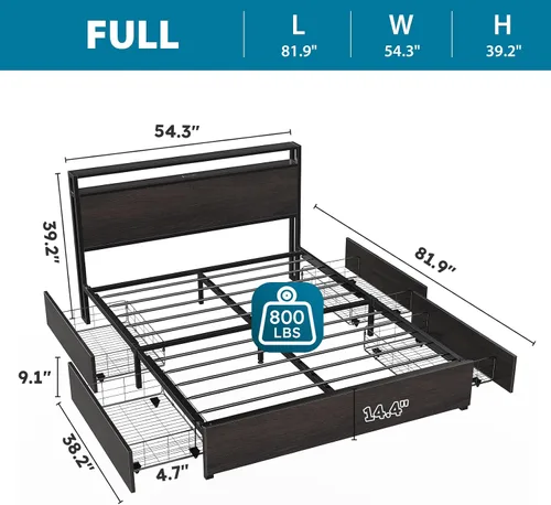 Miniatura 3 de Kiivakii Estructura de cama tamaño completo con cabecero, cama plataforma LED con 4 cajones de almacenamiento, estación de carga integrada, sin Negro
