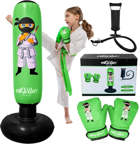 Miniatura 8 de Saco de boxeo para niños – 5 pies 3 pulgadas de alto y estable – Kit combinado de saco de boxeo inflable Ninja Kids con guantes de boxeo para niños