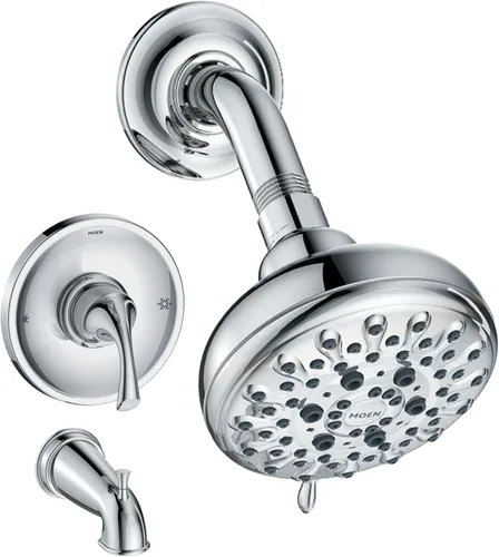 Moen Idora 82115 - Juego de bañera y ducha Posi-Temp cromada con cabezal de ducha, manija de palanca, boquilla de bañera y válvula incluida, 82115