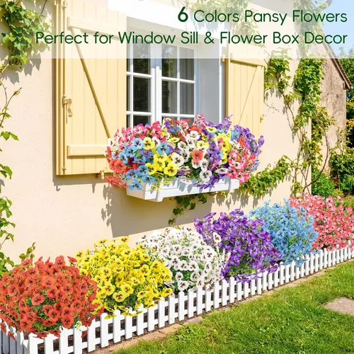 Miniatura 2 de MACTING 12 paquetes de flores artificiales para exteriores, resistentes a los rayos UV, pensamientos falsos, plantas al aire libre, flores