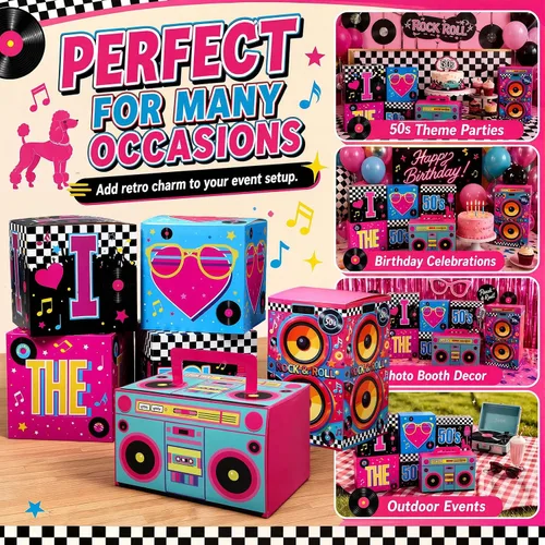 Miniatura 7 de Amyhill 6 piezas de decoraciones grandes de fiesta de los años 50, juego de recuerdos de hip hop, cajas de fiesta de papel, decoración temática