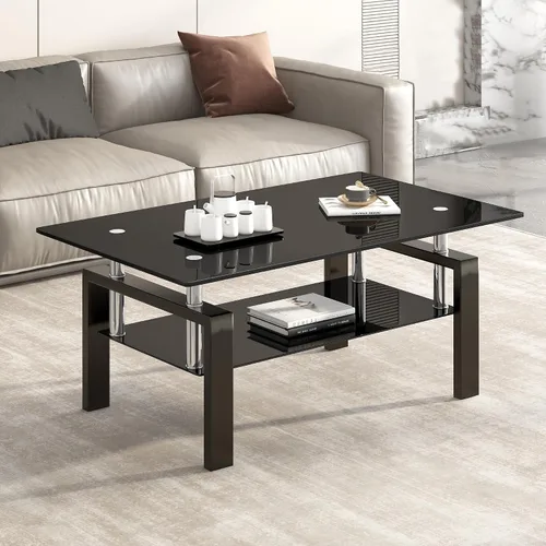 Moderna mesa de centro de cristal templado negro, 39.4 pulgadas de ancho x 23.6 pulgadas de profundidad x 17.7 pulgadas de alto, mesa auxiliar