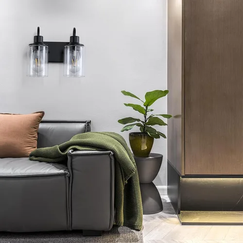 Miniatura 6 de Lámpara de baño negra mate sobre espejo, lámpara de tocador de baño de 2 luces con pantalla de vidrio transparente, apliques de pared modernos