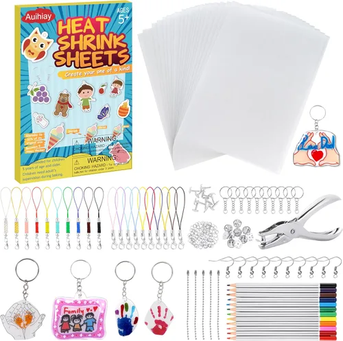 Auihiay Set de 198 Piezas de Plástico Termocontraíble Incluye 20 Hojas de Papel Termocontraíble, Perforadora, Accesorios de Llaveros y Lápices para