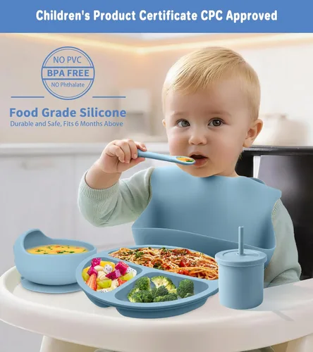 Miniatura 2 de Juego de alimentación de bebé de silicona, 10 piezas de suministros de destete LED para bebés, juego de artículos esenciales para comer con ventosa