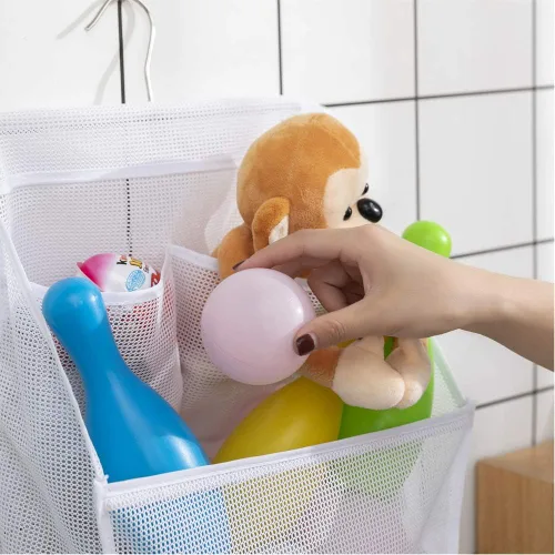 Miniatura 4 de ALYER Bolsa organizadora de juguetes de baño de malla colgante, organizador grande de almacenamiento para ducha con colgador duradero (blanco)