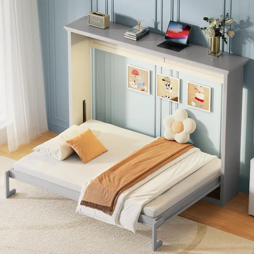 DNYN Cama Murphy de tamaño Queen para dormitorio, habitación de invitados, marco de cama de pared de madera maciza con patas de madera y diseño de